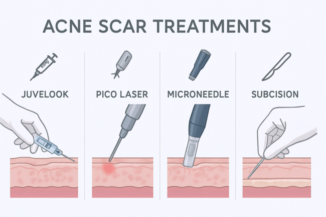 a clear, informative comparison image of four acne scar treatments: Juvelook, Pico Laser, Microneedle, and Subcision