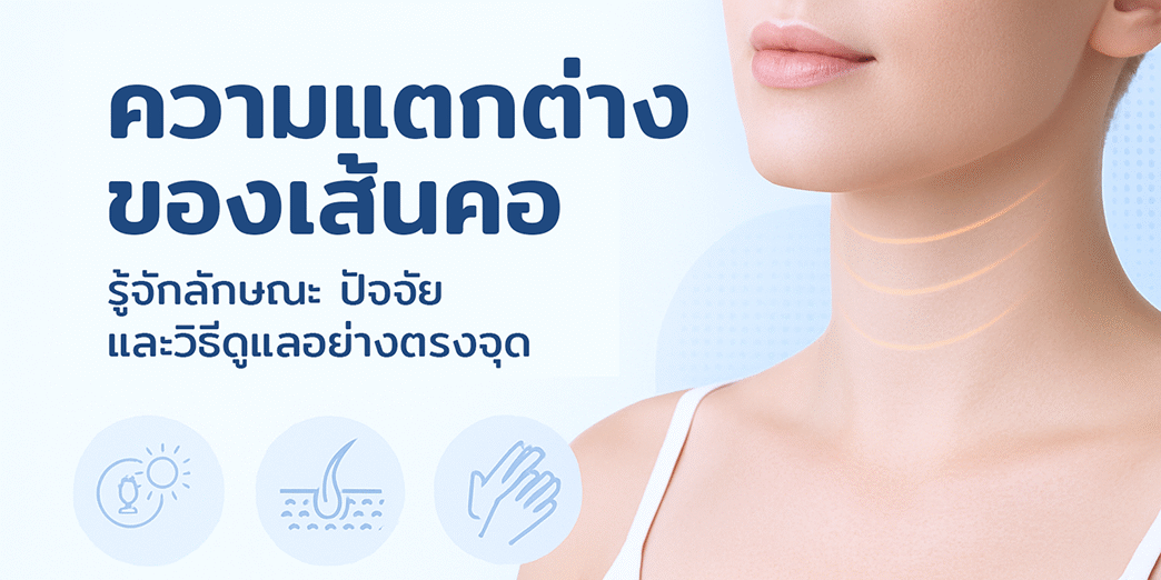 a healthy neck with highlighted neck lines, skin texture details, and subtle icons representing factors and care methods