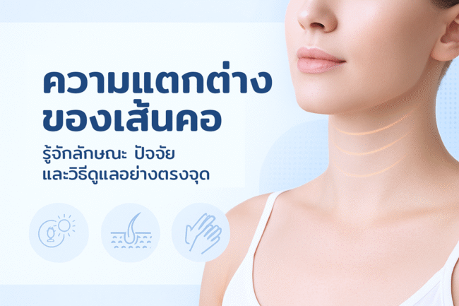 a healthy neck with highlighted neck lines, skin texture details, and subtle icons representing factors and care methods